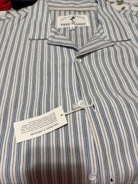 Free Planet Men's Blue and White Striped Button-Up Shirt